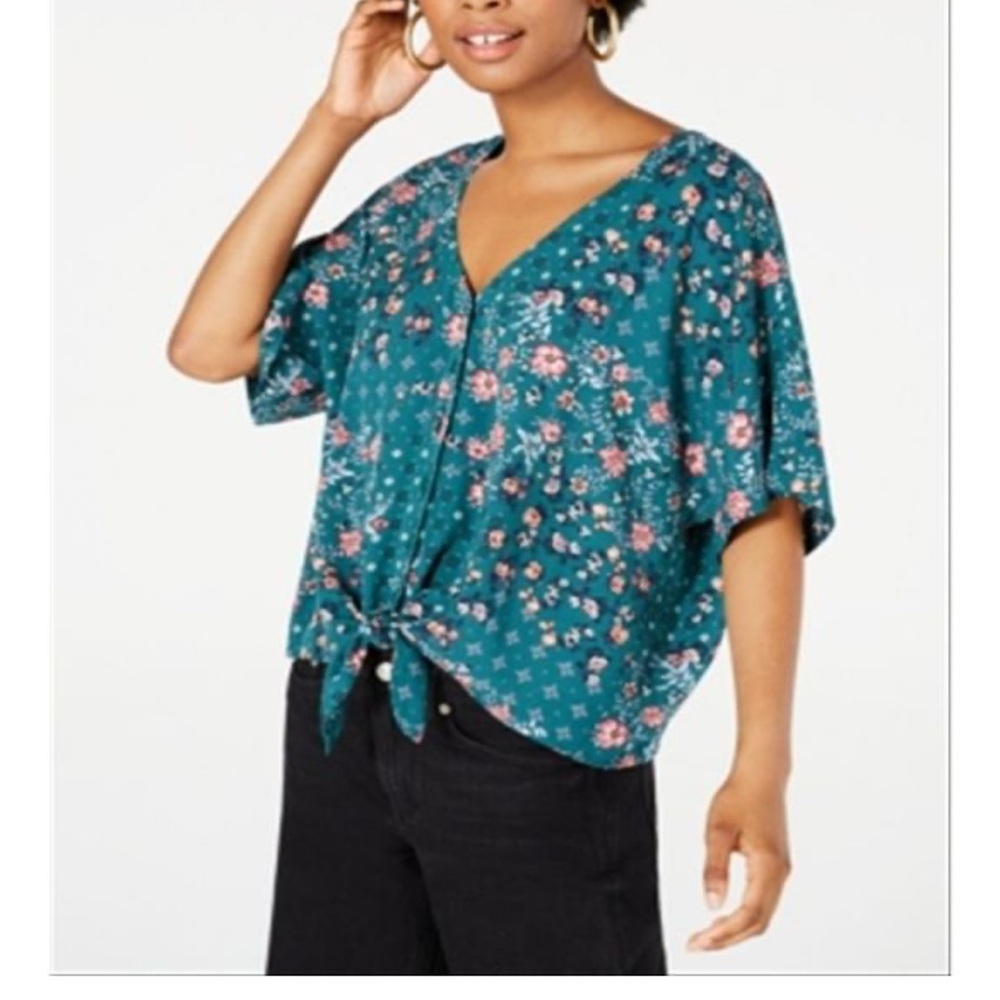 Hippie Rose Blue Flutter Sleeve Blouse with Tie Front